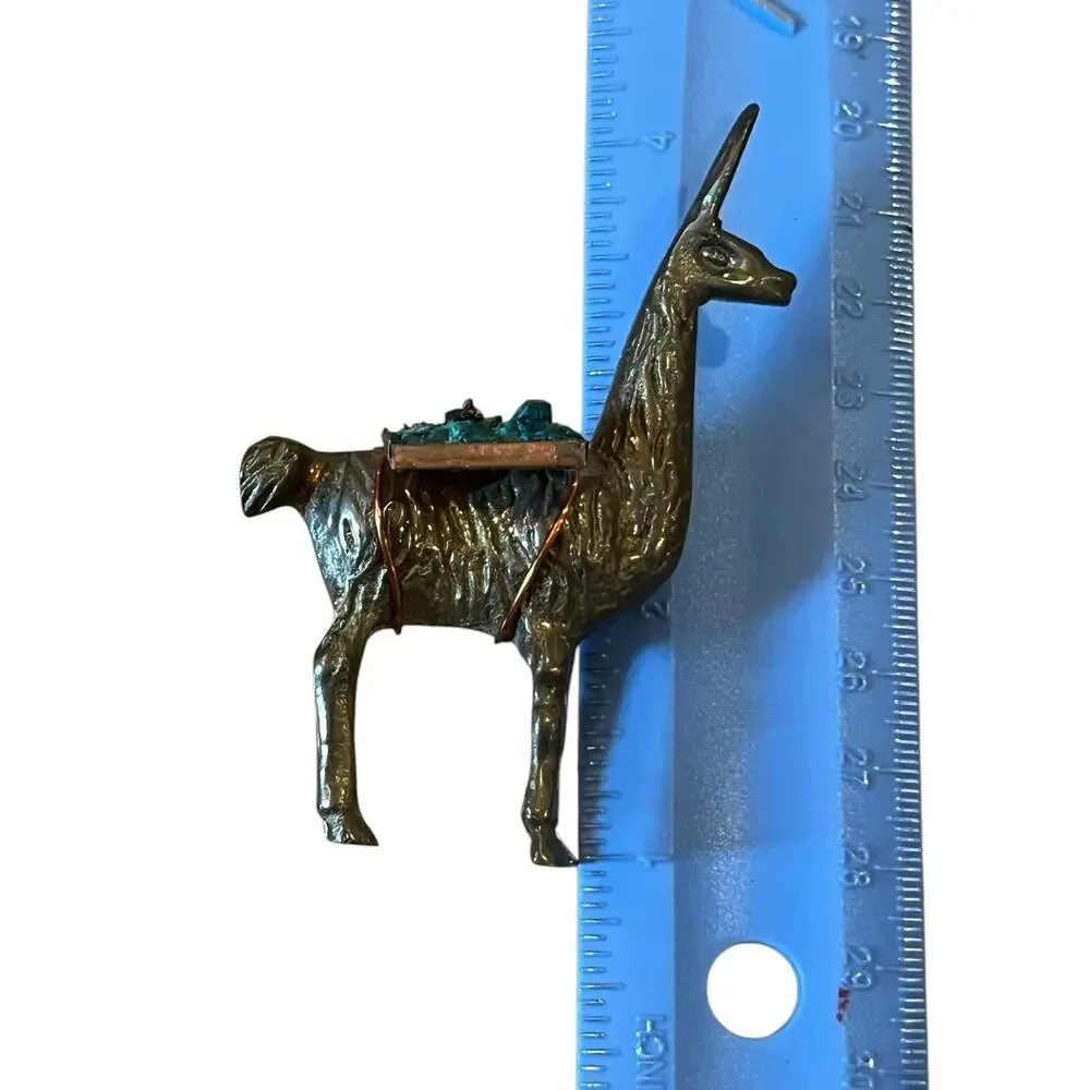 1970's VTG BRASS Llama Alpaca Figurine with Turquoise Cargo Packs COPPER Saddle
